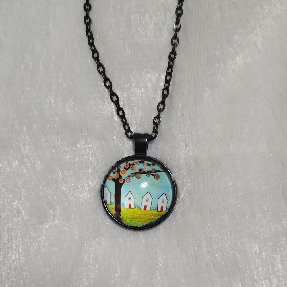 Charming Black Necklace with Colorful Art Pendant